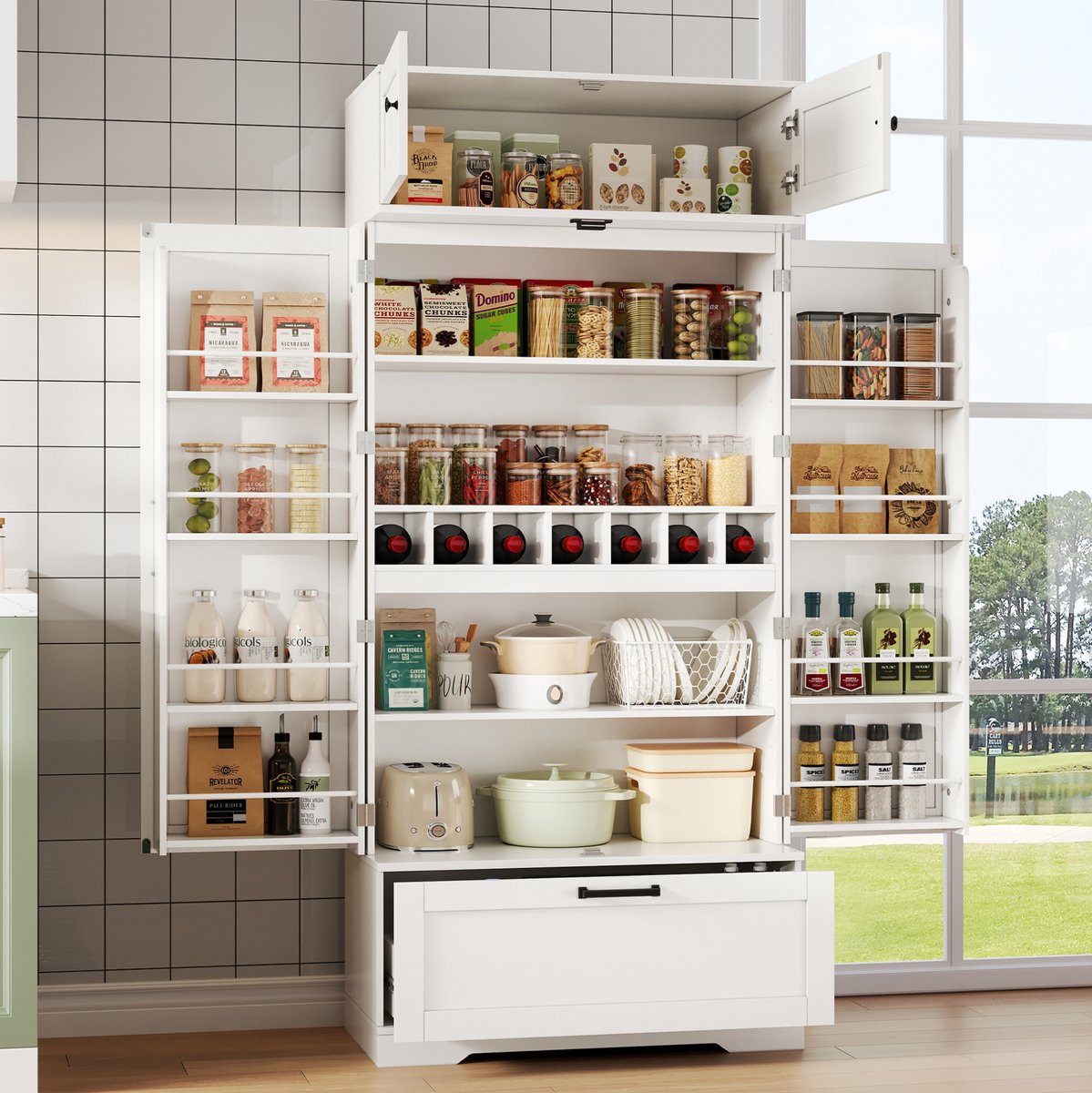 WUVRIE Buffetkast 80x40x180 cm - 1 lade, wijnrek en verstelbare planken - Wit