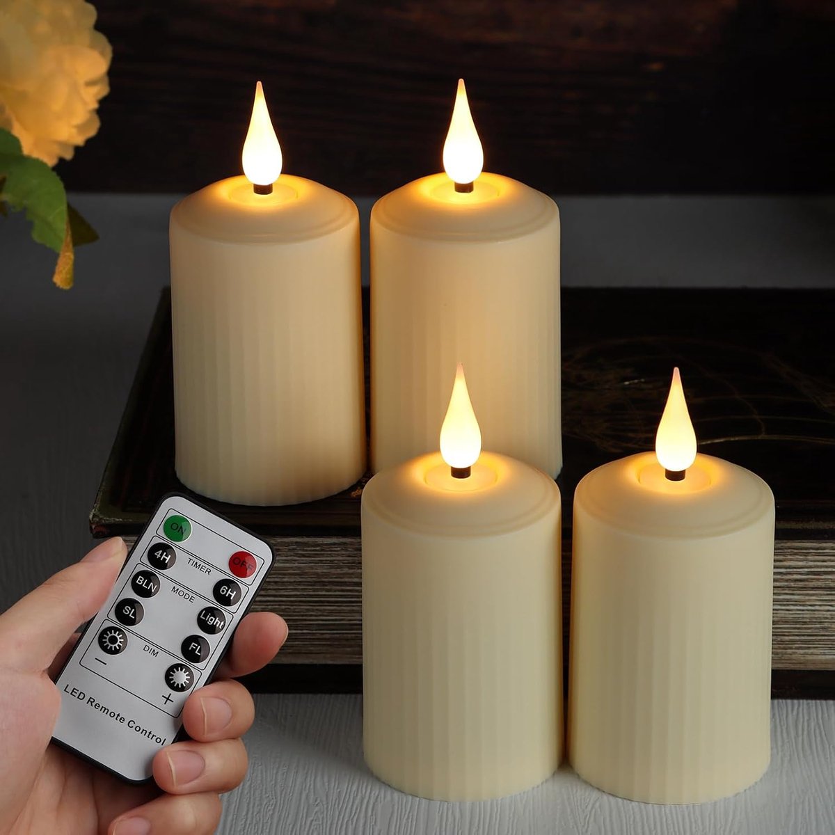 SnelShoppen - 4 stuks LED kaarsen met afstandsbediening - Flikkerende vlamloze pilaarkaarsen op batterijen - Warm wit - Advent kaarsen - 350+ uur bran