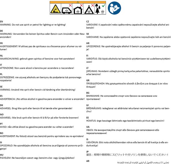 Veiligheidsinstructies: Gebruik geen spiritus of benzine voor het aansteken of opnieuw aansteken.