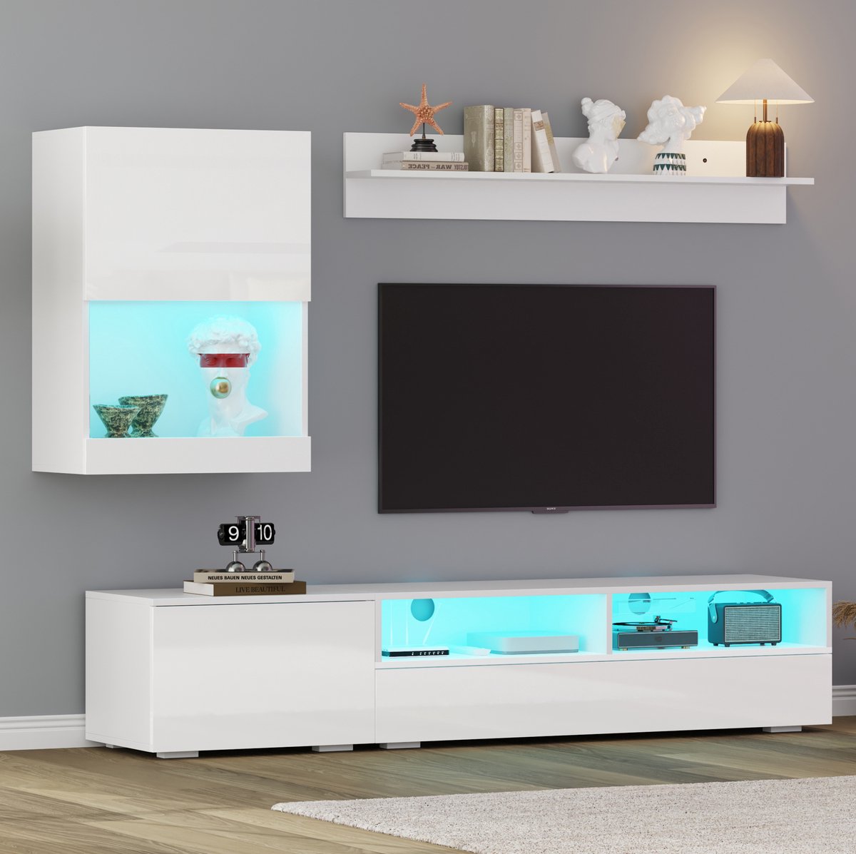WUVRIE TV-meubelset - TV-kast 175 x 39 x 34 cm - Wandkast, wandrek en LED - Hoogglans wit