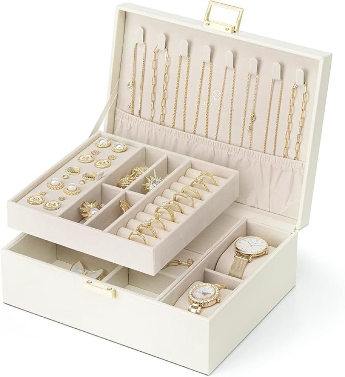 Lux Sieradendoos van leer met 2 niveaus, 2 horlogekussens, sieradenorganizer voor dames en meisjes, wit