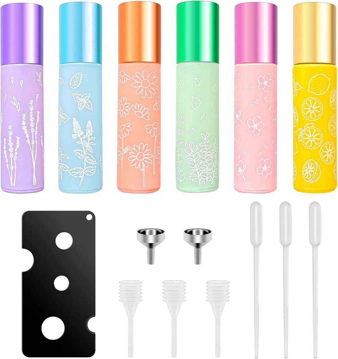 Rollon Flessen, 6 stuks, leeg, 10 ml, 6 kleuren, roll-on glazen flessen voor etherische olie met trechter, druppelaar, pipet, pareldispenser, Rollon flessen voor oliën voor etherische oliën