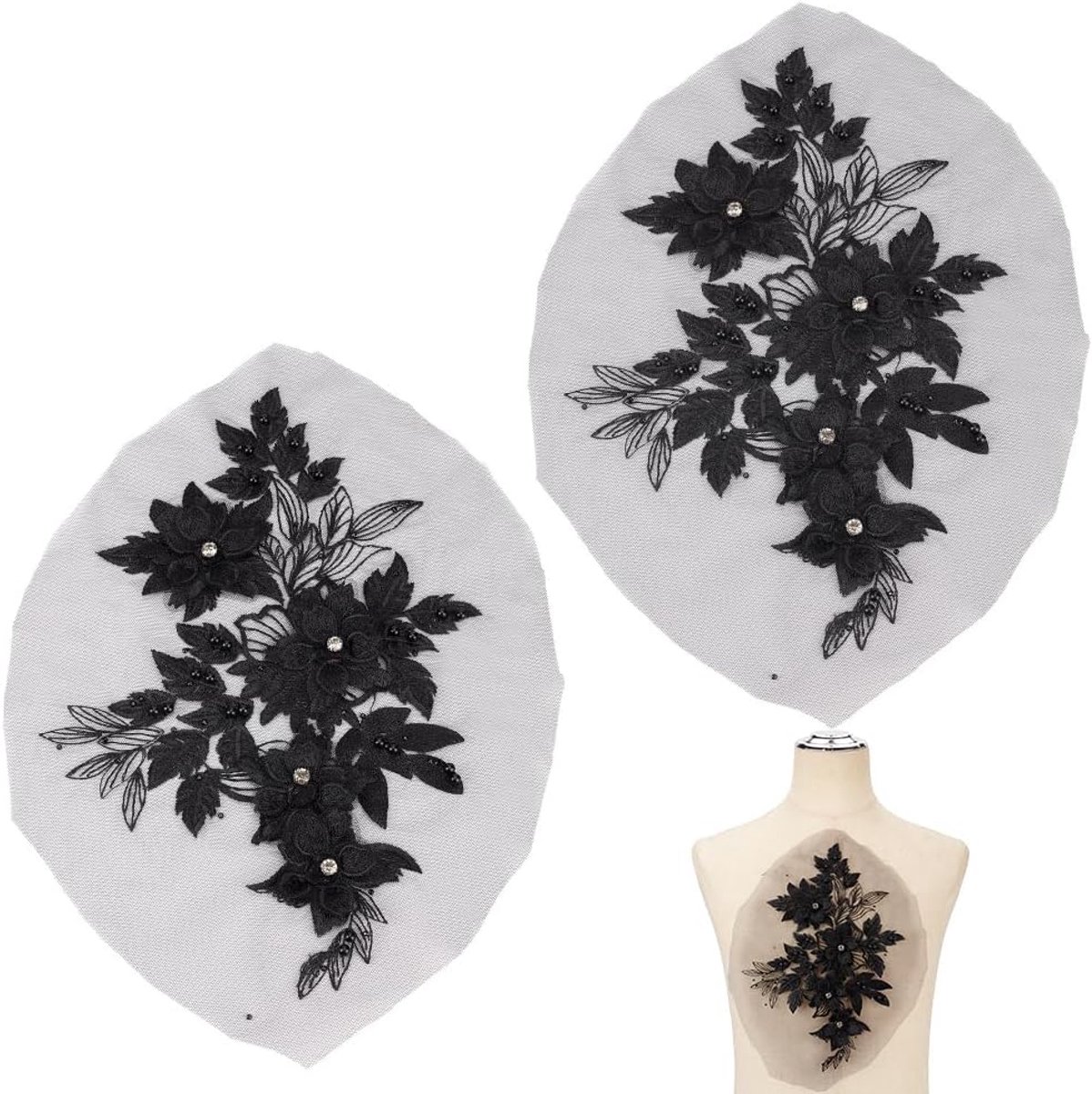 Bloem Stof Kralen Patches Strass Kant Applique Naaien Patches Handgemaakte Kostuum Accessoires Voor Bruiloft Bruidsjurk DIY Ambachten Naaien Kleding Accessoires Zwart