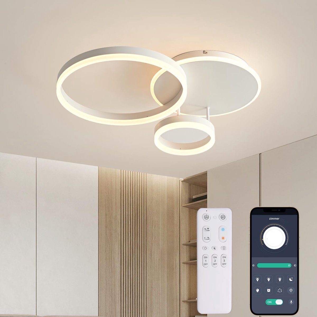 Aluminium, LED-plafondlamp, 54 W, 5400 lm, dimbaar met afstandsbediening 3000 K-6000 K, moderne plafondverlichting voor woonkamer, slaapkamer, hal, 3-ring, 65 x 50 x 8 cm…