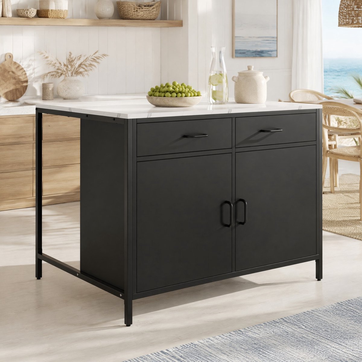 WUVRIE Bartafel 100x90x90 cm - 2 lades en opbergkast - Zwart met marmerlook