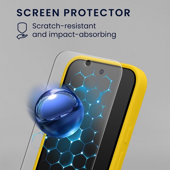 Screenprotector van gehard glas: krasbestendig en schokabsorberend, getoond op een gele smartphone.