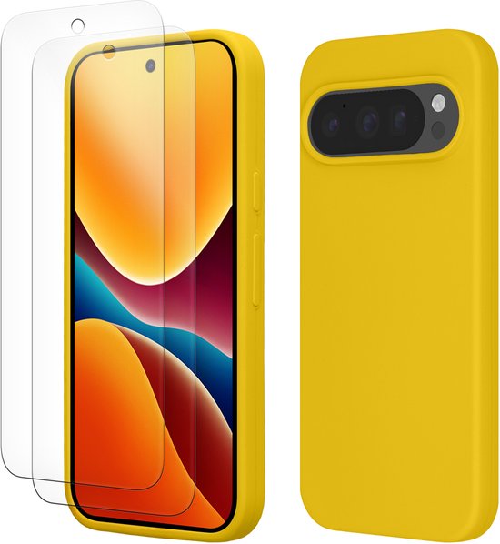 Gele telefoonhoes en twee screenprotectors voor de Google Pixel 10 en Pixel 10 Pro.