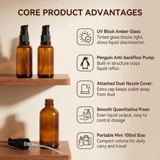 Dailygoods- Pompflessen 2 stuks 100ml - Lege Flessen - Amber Glas - Cosmetische Dispenser - Reizen - Stevig en Herbruikbaar - Fles van Dailygoods — afbeelding 3