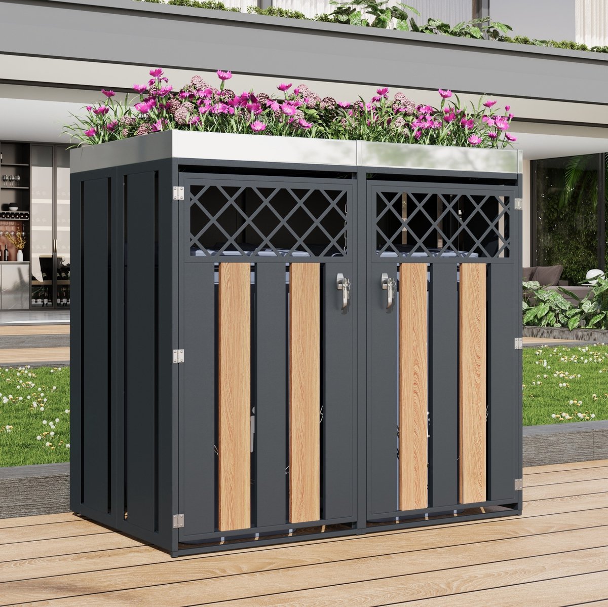 WUVRIE - Containerberging 132x80x124,5 cm - 2 afsluitbare vakken met plantenbak - Grijs/houtlook