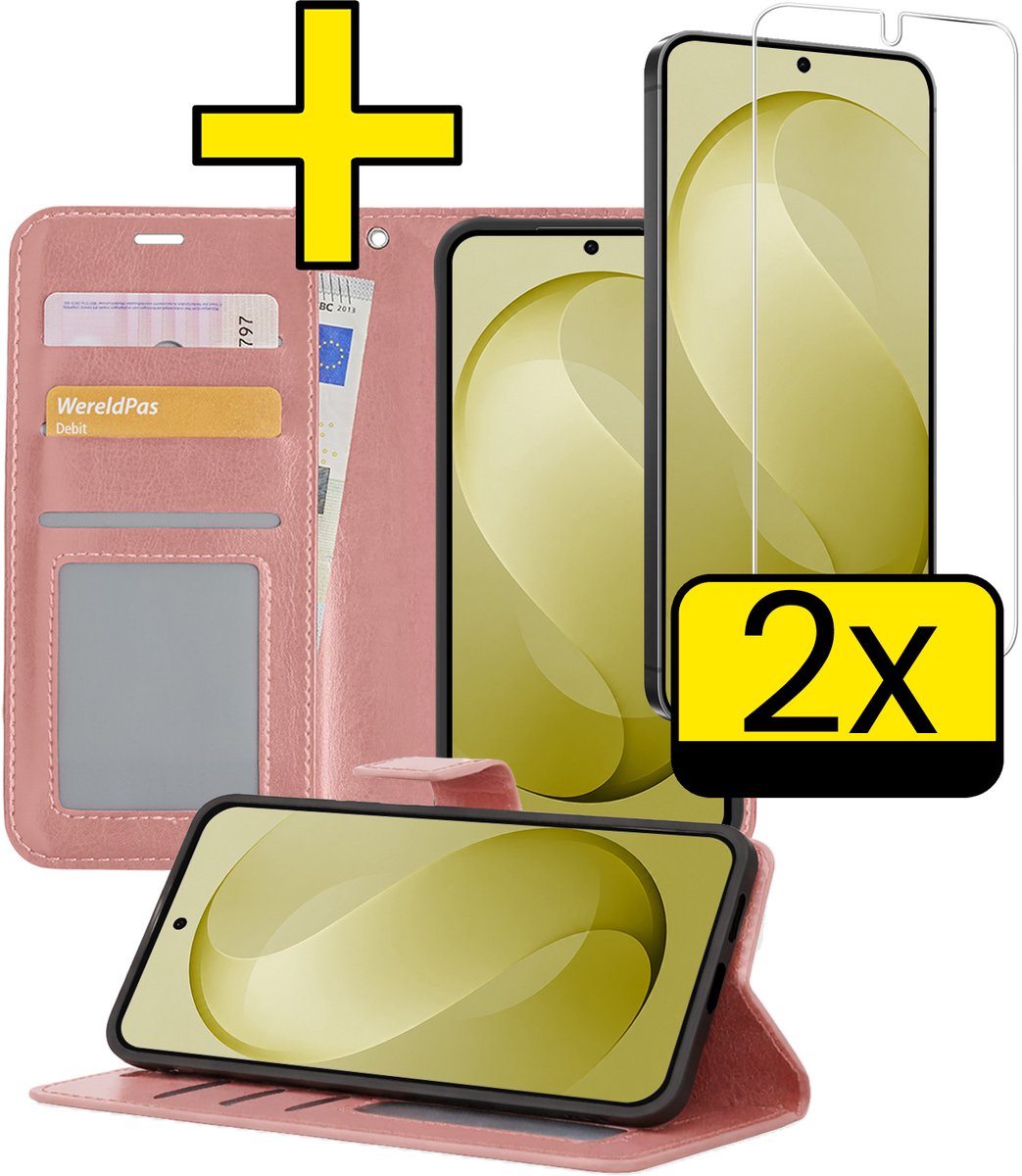 Hoesje - Met 2x Screenprotector - Geschikt voor Samsung Galaxy S26 FE - Luxe Pasjeshouder - Bookcase Portemonee - Flip Case - Kunstleer Book Case - Flipcase Hoes - Book Cover - Walletcase - Portemonneehoes - Telefoonhoesjes - Rosé goud