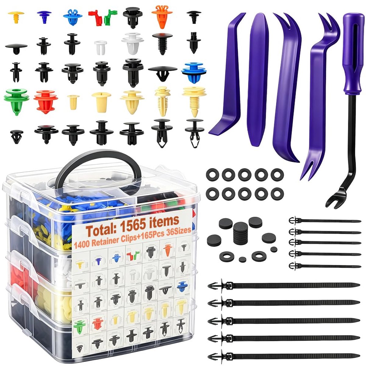 Bevestigingsclips auto 1565 stuks - 36 soorten universele clips - Inclusief demontagegereedschap - ShopVlot