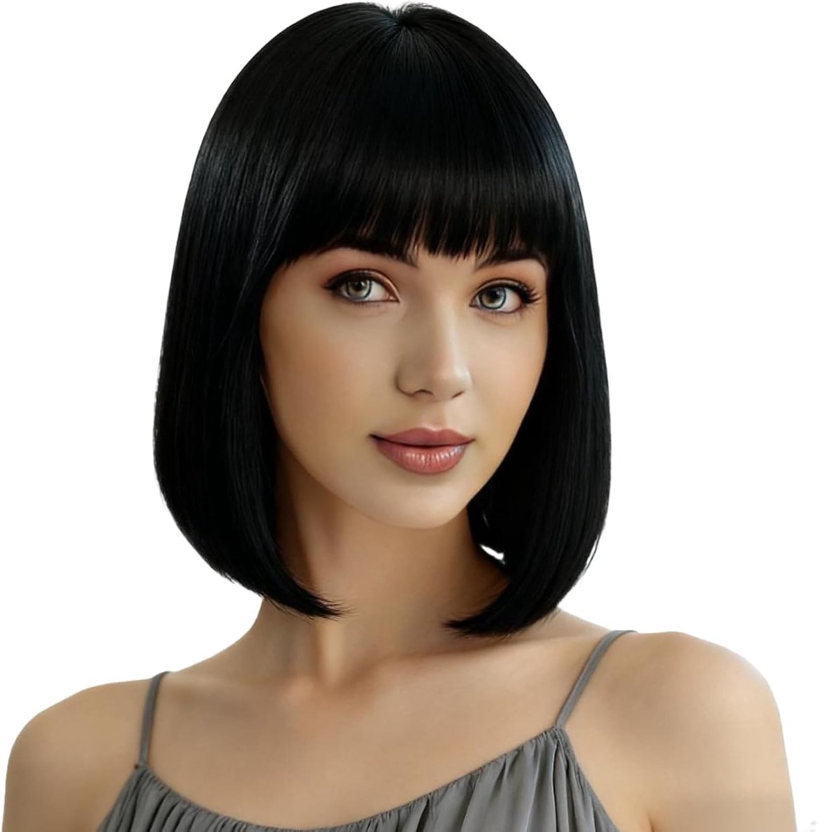 Lange Zwarte Wimpers met Bangs, Glad Bob Haar, Korte Synthetische Perucques voor Cosplay en Feestjes