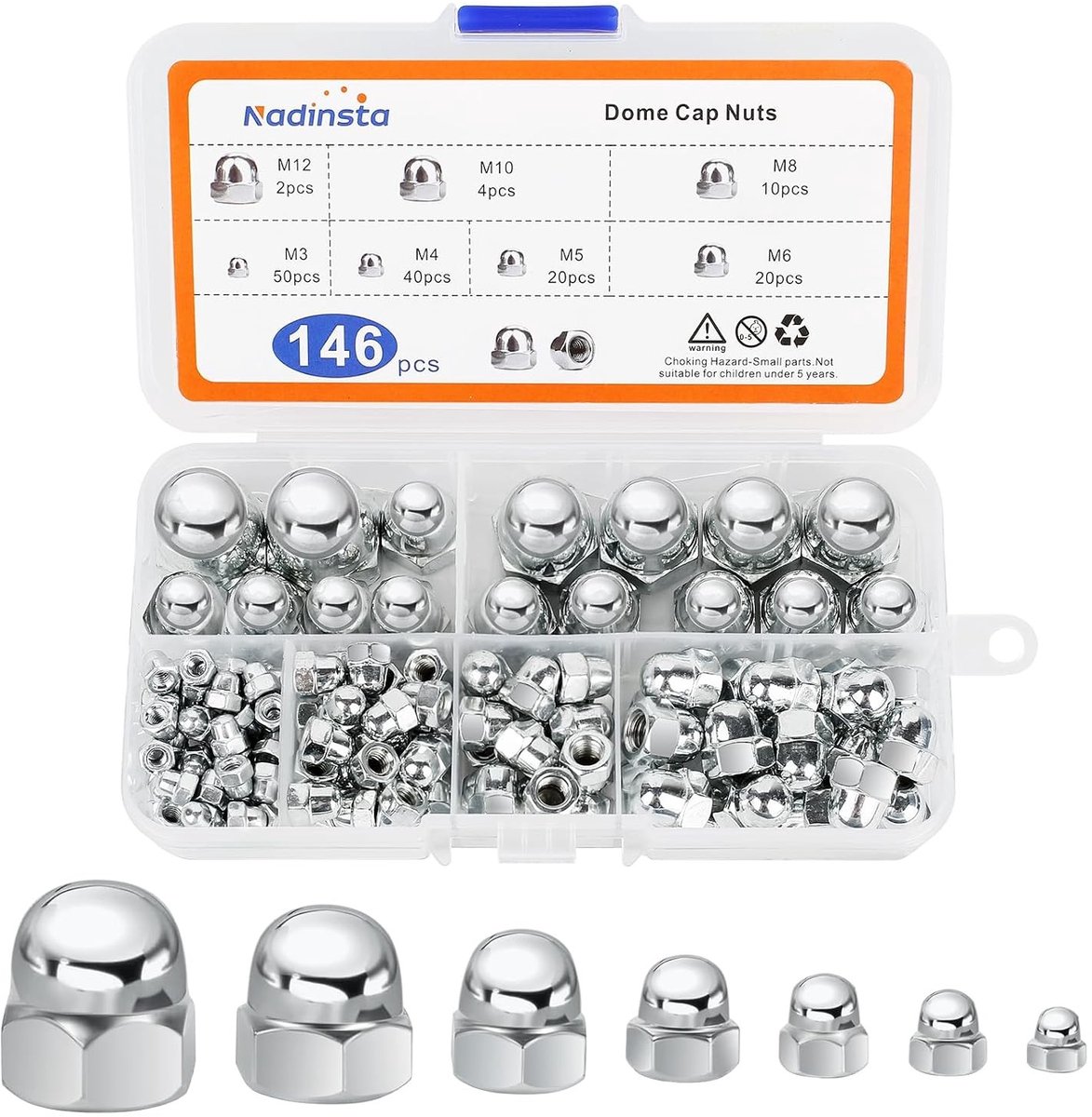 Assortiment van 146 Stuks Hexagon Dome Cap Moeren M3 tot M12 van Koolstofstaal voor Motorfietsen, Meubels en Verlichting