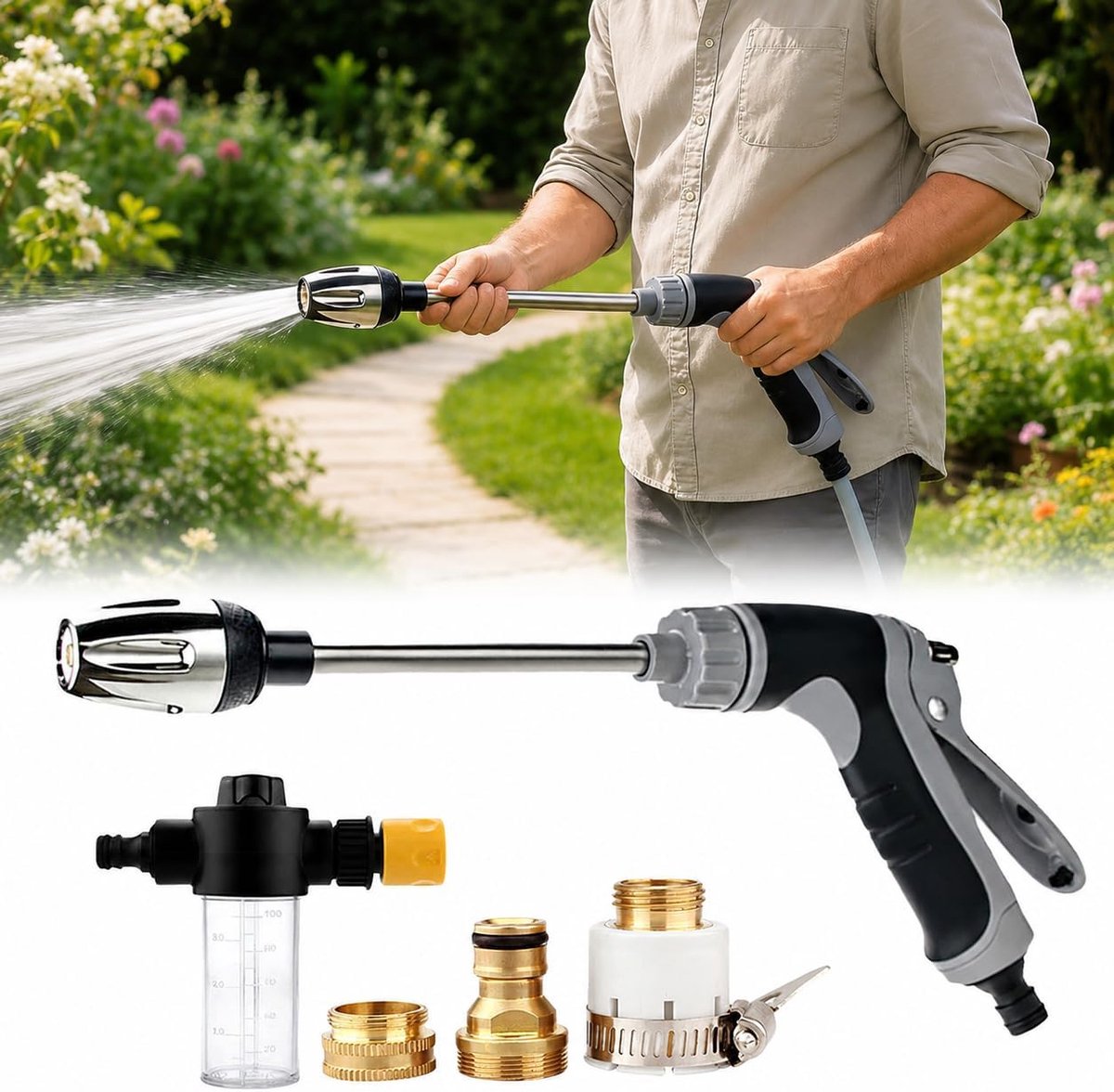 Jet Hogedrukpistoolset met schuimdispenser, hogedruksproeier voor tuinslang, hogedrukwaterpistool, powerjet waterpistool voor autowassen, tuin, terras en huishoudelijke reiniging