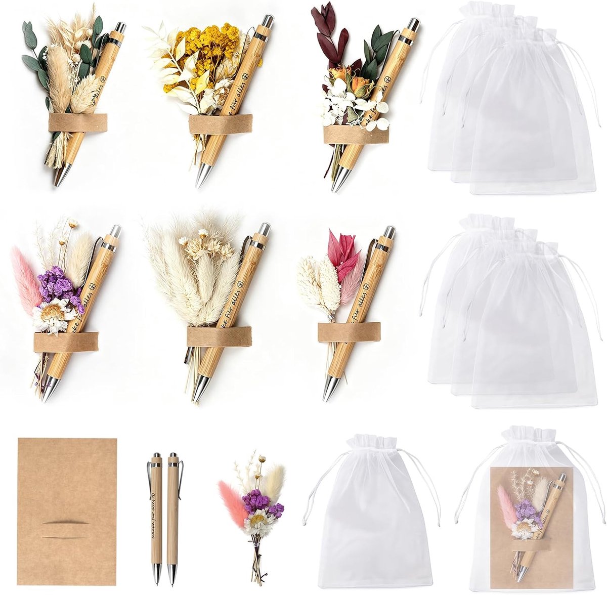 6 sets bedankbalpen van bamboe met kaart en organza zakje