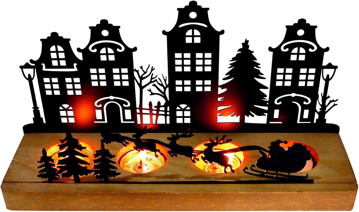 Theelichthouder Kerstmis, kaarsenhouder hout metaal kaarsendienblad, adventskrans kandelaar met kerstman en 4 rendieren, adventsstuk tafel kerstdecoratie