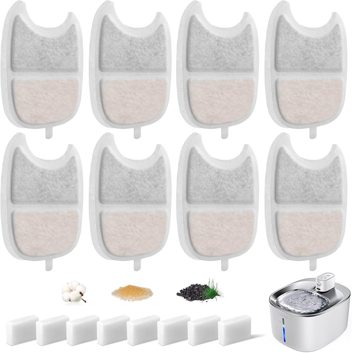 Fonteinen, kattenfontein, 8 stuks koolstoffilters en 8 stuks schuimfilters voor 4,2 l kattenfontein met bewegingsmelder, YPD-C004 reservefilters met hars