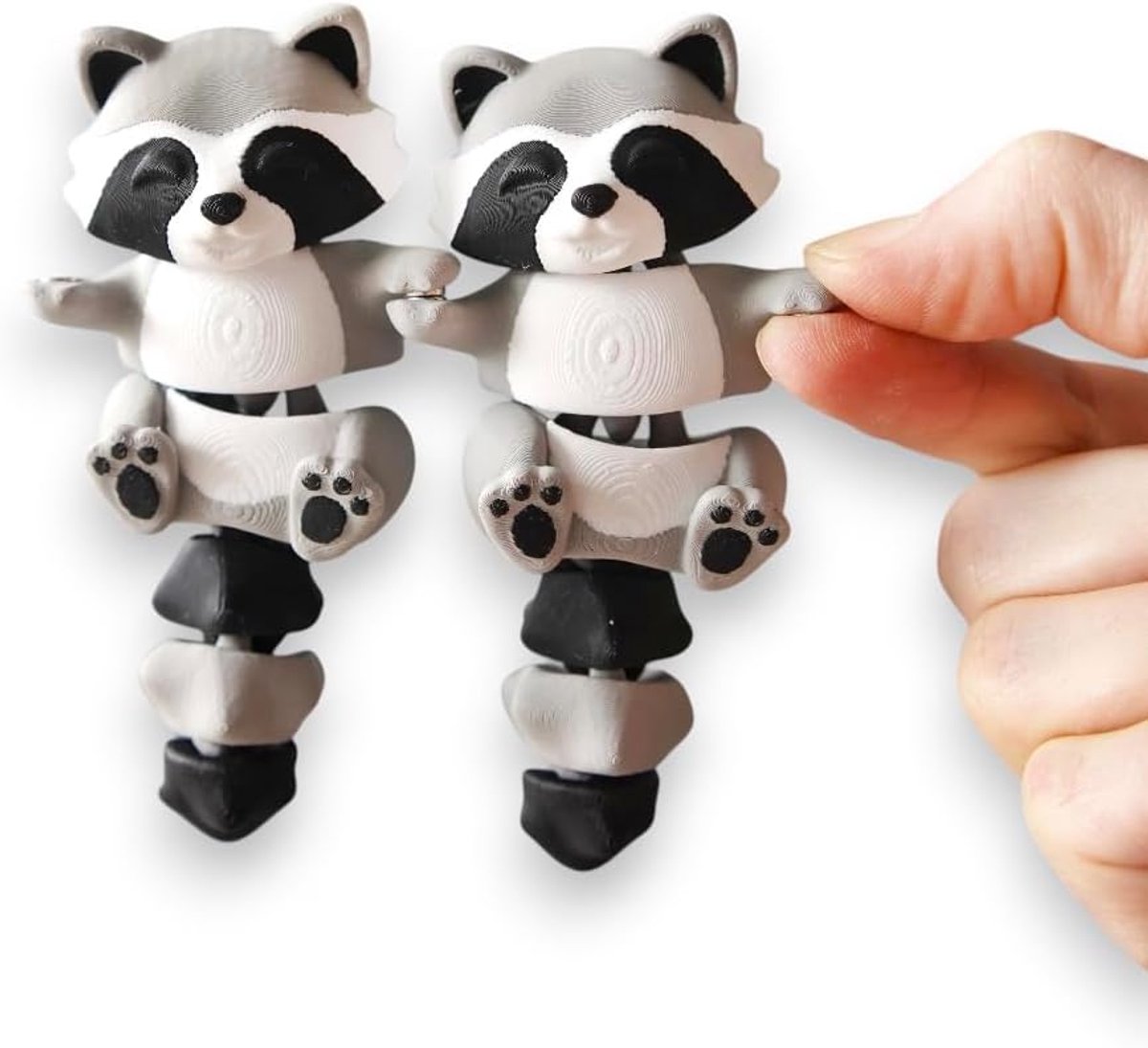 Flexibele Dieren Sleutelhangers Set van 2 – Articulated Fidget Dieren Sleutelhanger – Sleutelring met Karabijnhaak - Schattige Verzamelbare Beweegbare Dieren (Wasbeer Grijs)