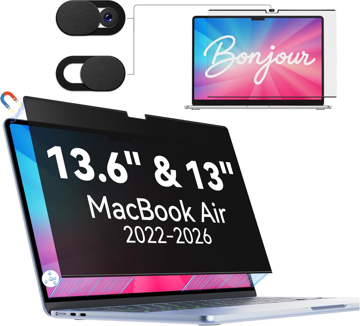 Privacyfilter voor MacBook Air 13,6/13 inch (2022-2026, M2, M3, M4, M5), afneembaar, anti-spionage, blauw licht, beschermt het scherm