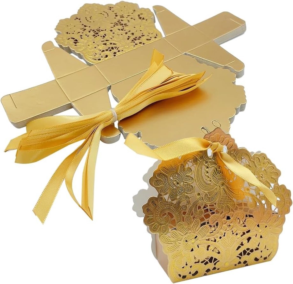 25 Stuks Vouwbare Snoepdozen met Lint - Holle Papieren Dozen voor Bruiloften, Doop en Feestjes (Goud)