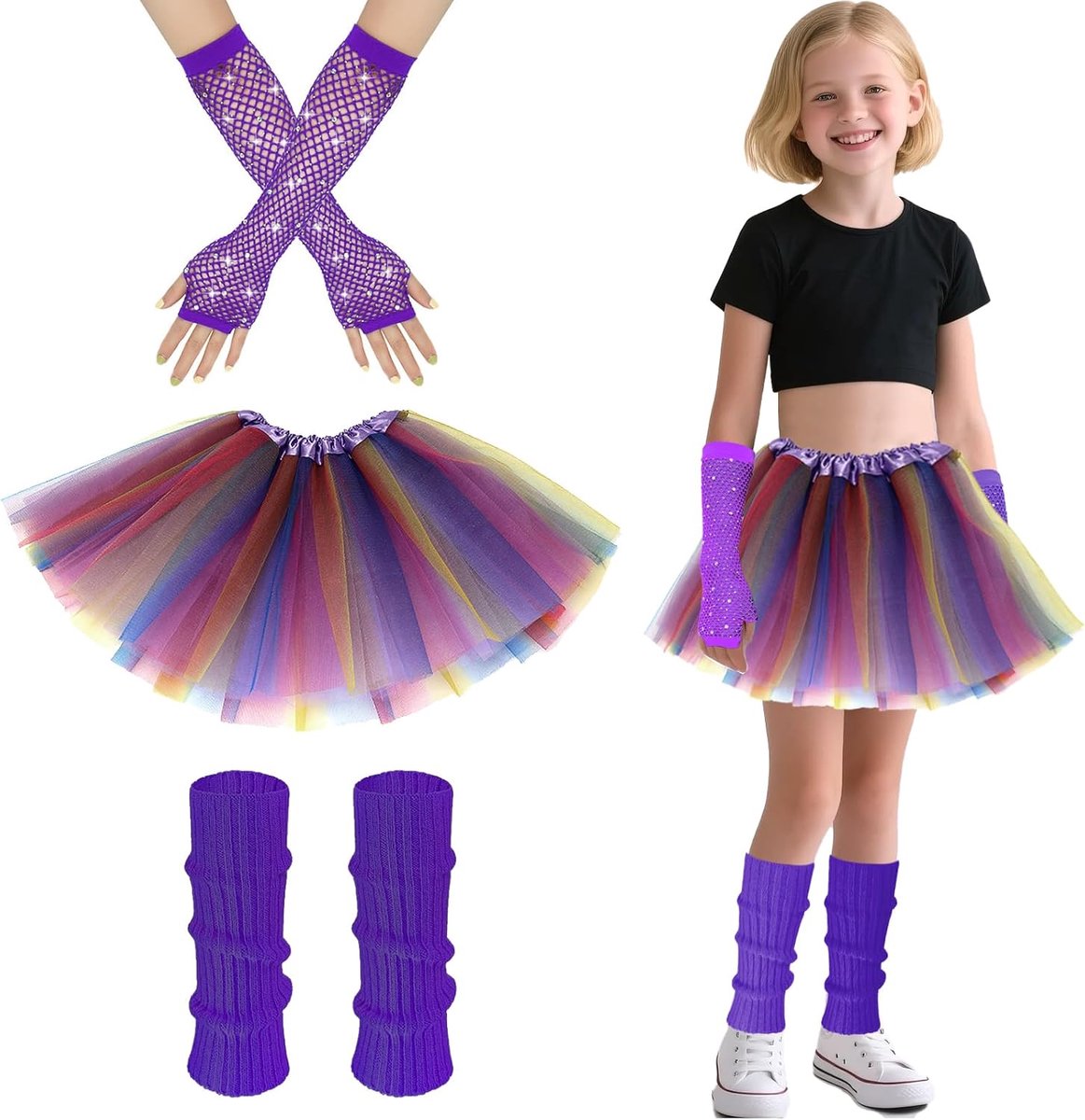 Kostuum voor meisjes, jaren 80-kostuum, rockera-kostuum, neonbeenwarmers, visnethandschoenen en fantastische tutu-jurk voor themafeest van het decennium