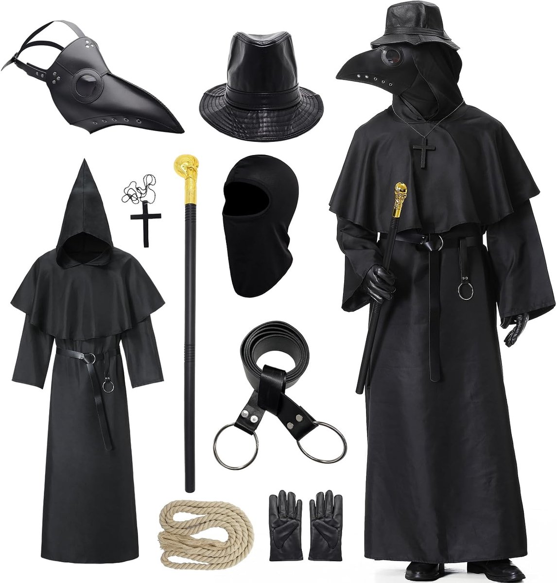 Pestdokterskostuum voor heren, middeleeuws pestdokterkostuum met pestdoktermasker voor volwassenen, Halloween, carnaval