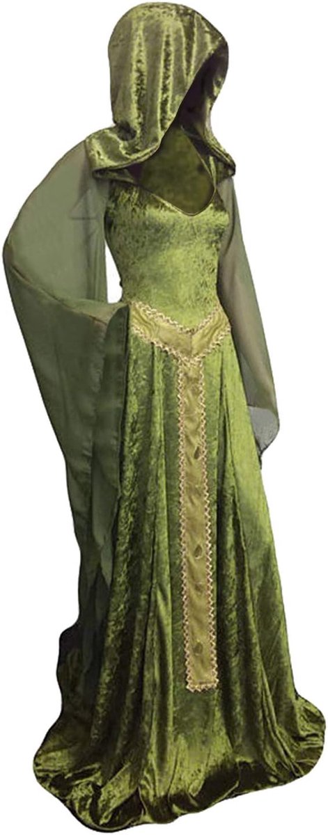 Jurk met capuchon dames veters retro groene lange jurk volwassenen Halloween cosplay kostuum