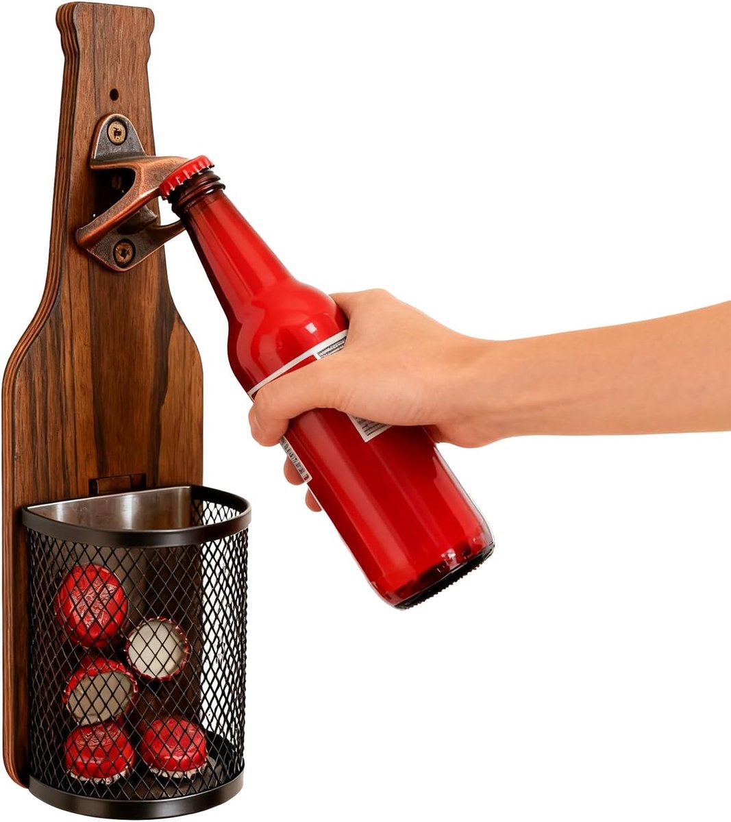 Flessenopener voor aan de muur - Houten basis - Inclusief dopjesverzamelaar - Ideaal voor thuis en buiten - ShopVlot
