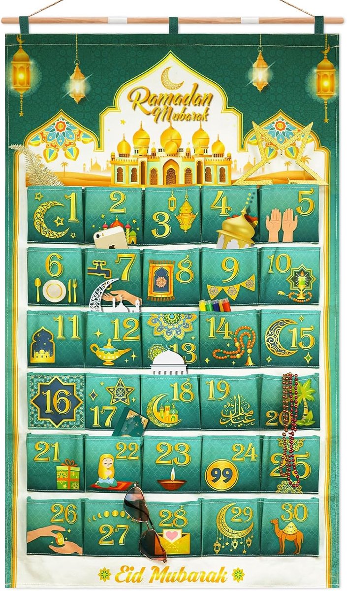 DPKOW Ramadan Calendar with Pockets, Reusable Fabric, Ramadan, Advent Calendar, Empty for Filling, Hanging for Wall - ShopVlot