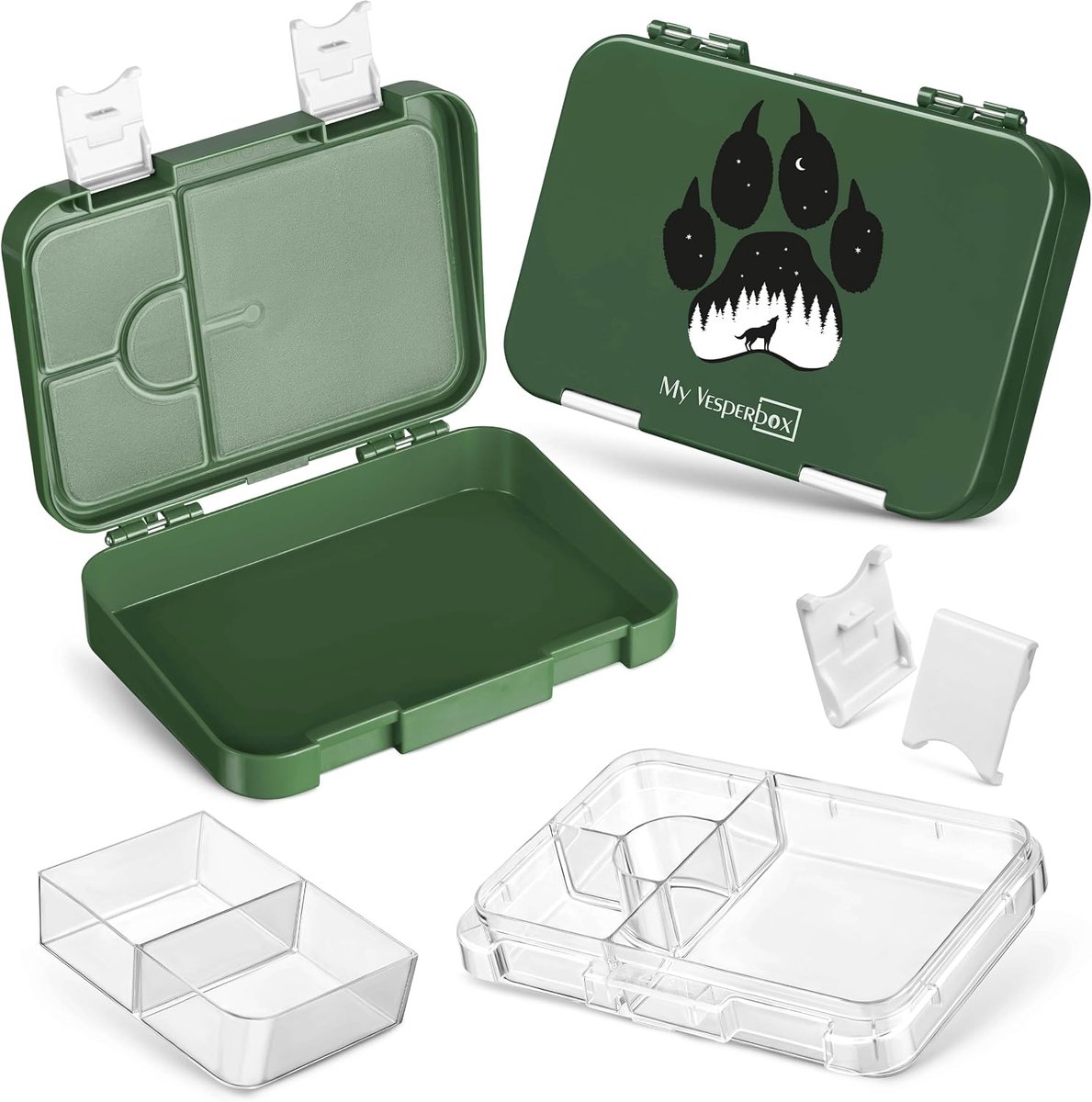 Bento box voor kinderen - 4 + 2 compartimenten - donkergroen met vos - ideaal voor school en kinderopvang - ShopVlot
