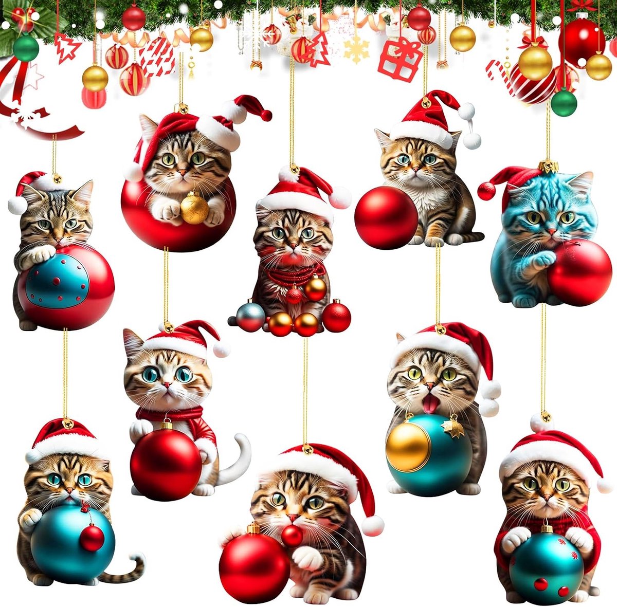 Schattige Kerstboom Kat Hanger, Acryl Kat Ornament, Leuke Kerstdecoratie, Cadeau voor Kattenliefhebbers, Feestelijke Versiering, Set van 10