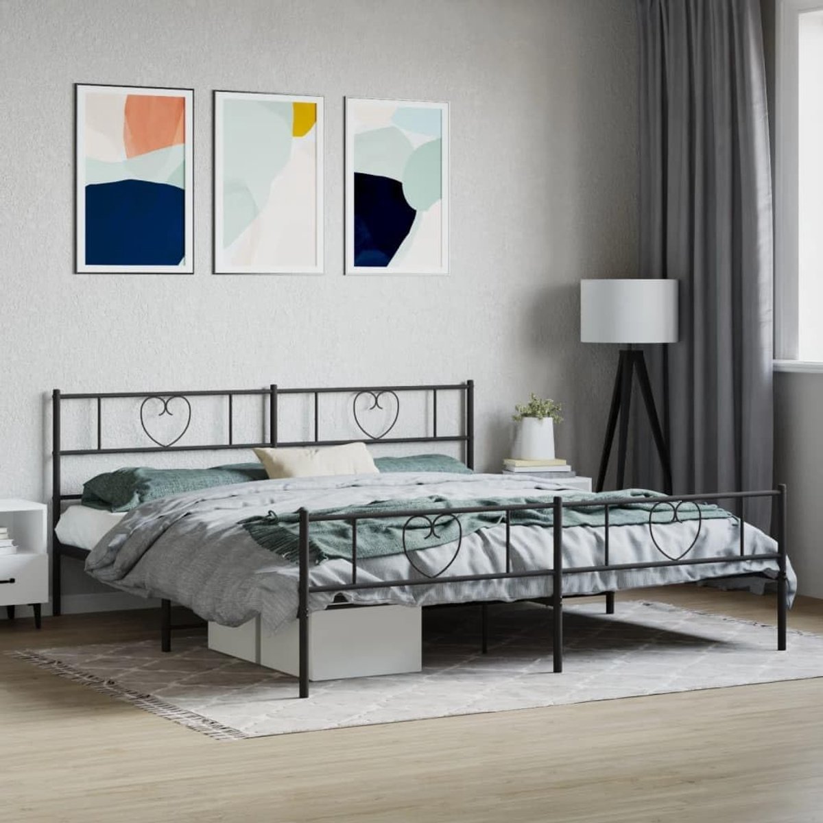 Bedframe met hoofd- en voeteneinde, metaal, zwart, 193 x 203 cm, bedframe voor slaapkamer, hotel, bedframe voor woonkamer, slaapkamer