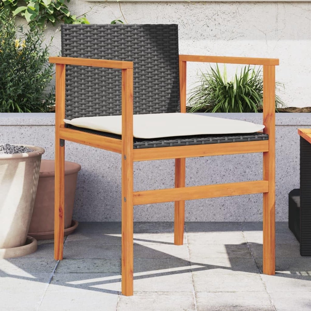 Tuinstoelen met kussen, 2 stuks, tuinstoel, terrasstoel, balkonstoel, stoel, outdoor-stoel, campingstoel, tuinmeubelen, zwart, polyrotan, massief hout
