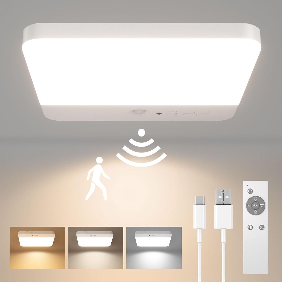 Draadloze Oplaadbare Plafondlamp met Bewegingssensor, Magnetische LED Lamp voor Badkamer, Douche, Trap en Garage, 3 Kleurtemperaturen en Afstandsbediening
