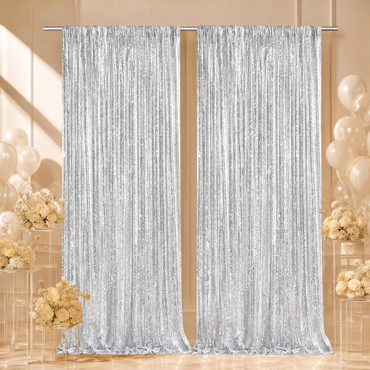 2 stuks glinsterende gordijnen, 60 x 240 cm, bruiloftsgordijn met pailletten, glittergordijn, glinsterende pailletten, feestachtergrond, gordijn voor bruiloft, ceremonie, verjaardag (zilver)