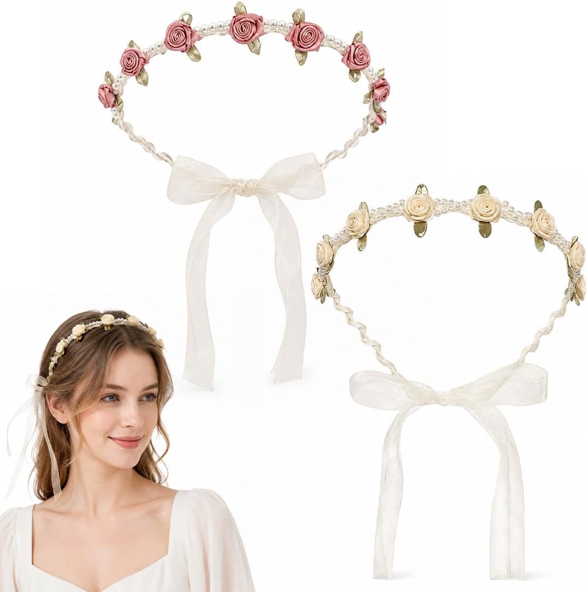 2 stuks bloemen haarband satijn met parels en witte linten voor bruiloft / feest, diameter 16 cm, 1 x roze + 1 x beige roze (witte banden)