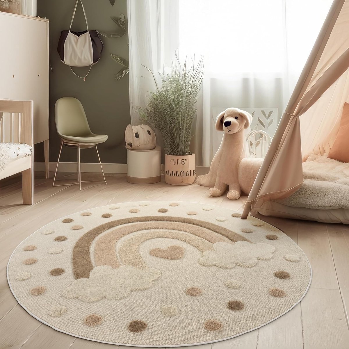 Home Kinderkamer Tapijt 3D Effect Duurzaam Speelmat Natuurlijke Tinten, Maat:Ø 120 cm rondje, Kleur:Zand (regenboog)