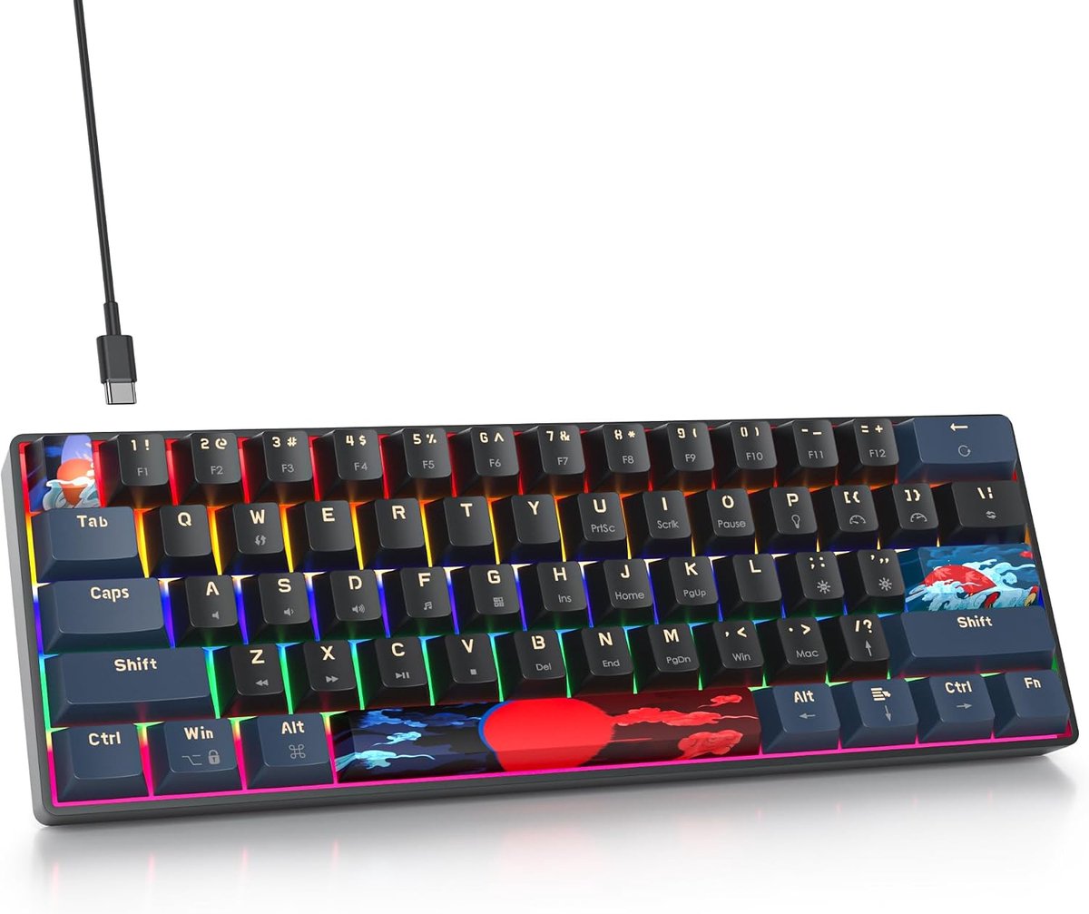 Gaming toetsenbord, mechanisch, mini-toetsenbord 60 procent Amerika QWERTY, 61 toetsen bekabeld toetsenbord met regenboogachtergrondverlichting, voor pc-gamers, Rainbow 61 Blue Samurai-B)