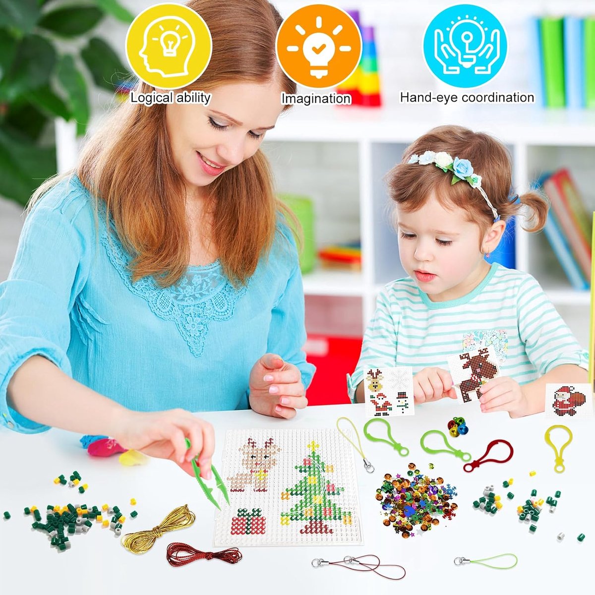 Strijkkralen voor Kerstmis, 5 mm strijkkralen, kerstset, 15 patronen, strijkpapier, hangers en accessoires voor knutselen, handwerk voor kinderen, cadeau, kerstdecoratie (rood) — cadeau in Spellen & Speelgoed - foto 6