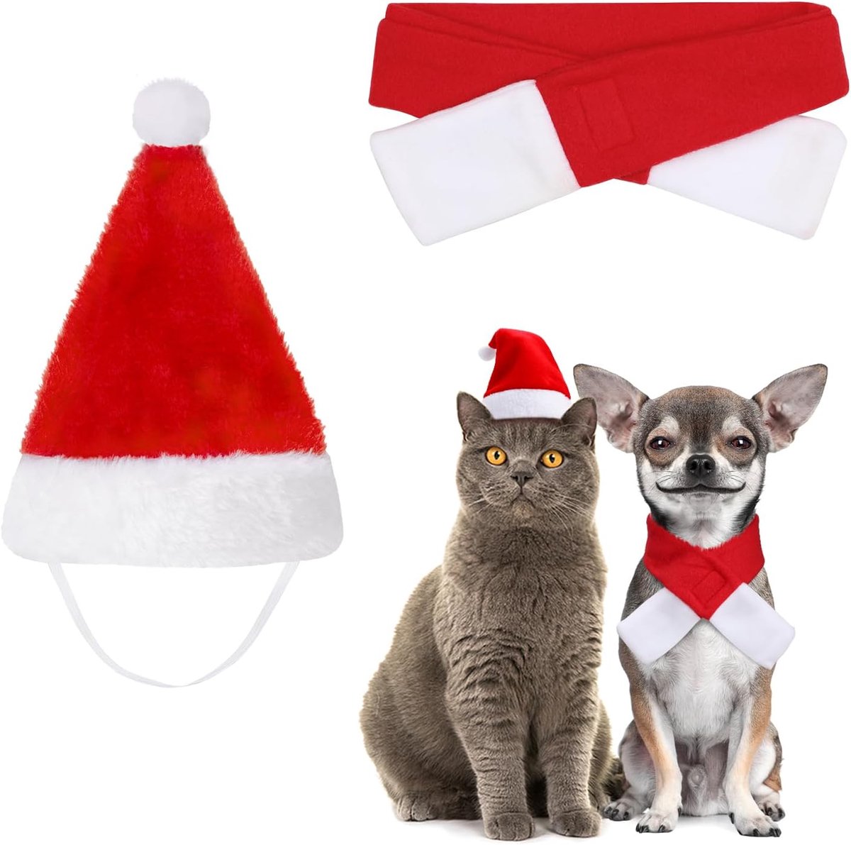 3-delig kerstkostuum voor honden en katten, kleine kleding met kerstmuts voor puppy's en katten