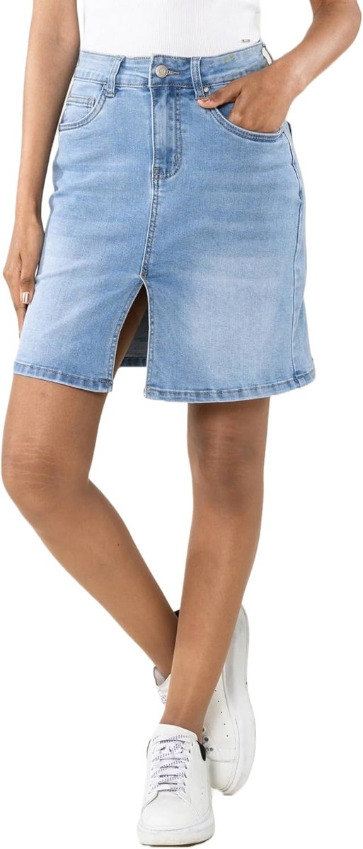 Carter P213 Korte jeansrok voor dames, met voorsplit en ritssluiting, stretch, used look
