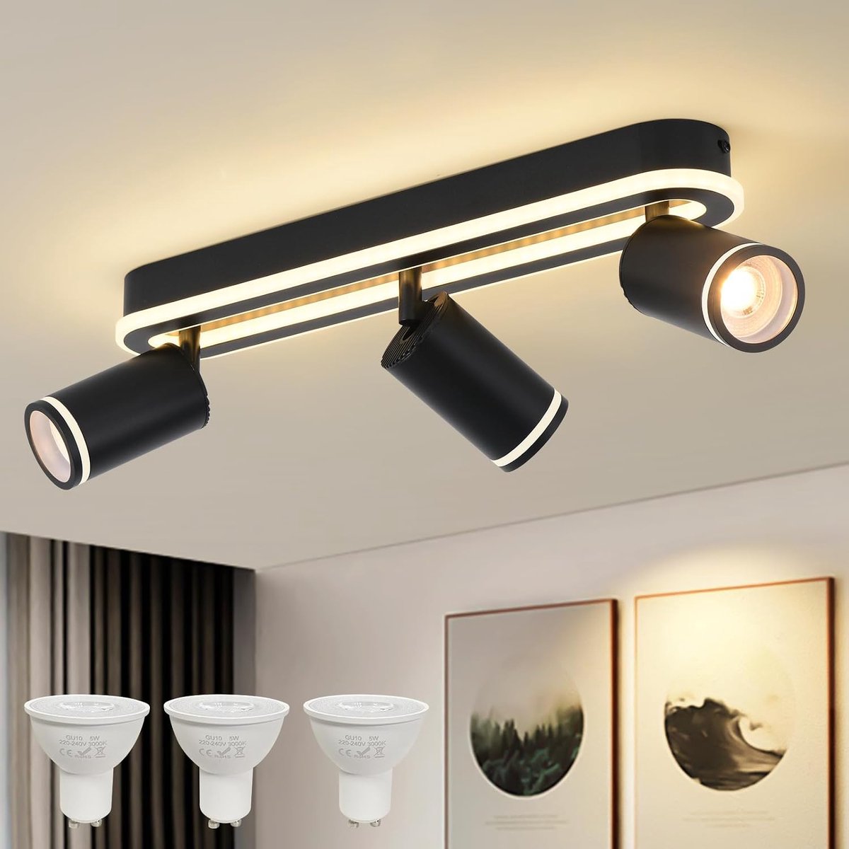 Plafondspot 3 vlammen zwenkbaar 350°,plafondlamp met lagere gloed 27W+3x5W GU10 spots,3000K warm witte plafondspot, moderne plafondlamp lamp, spot voor keuken, woonkamer zwart
