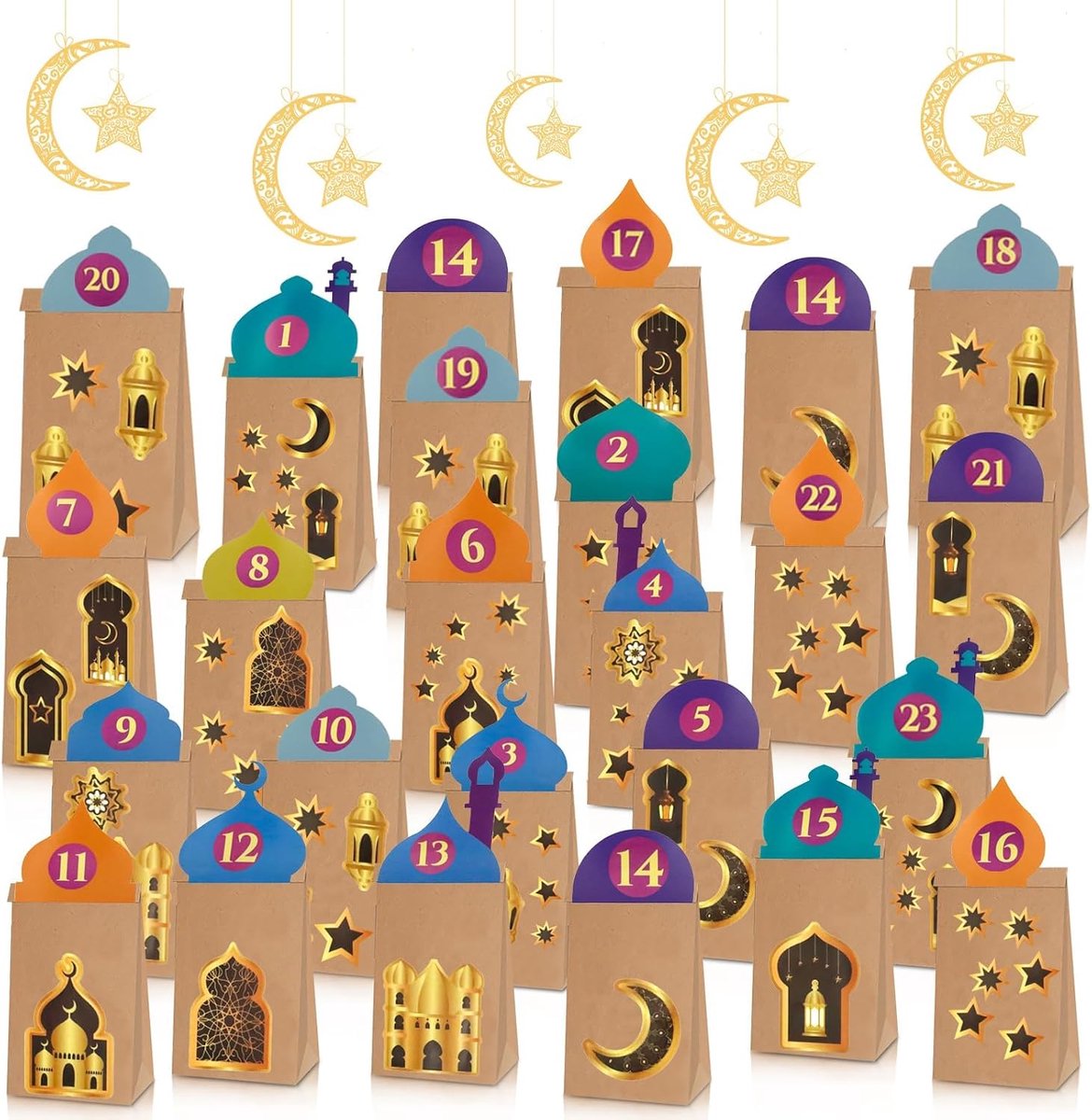 Ramadankalender om te vullen, 30 stuks ramadan-kalender, cadeauzakjes met dak, 1-30 digitale stickers en ramadanstickers, islam Eid Mubarak kalender, doe-het-zelf cadeauzakjes