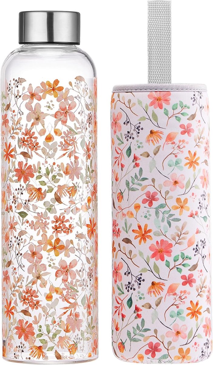 Waterfles, 500 ml, artistieke glazen drinkfles met deksel, lekvrij, borosilicaatwaterfles met beschermhuls, fijne cadeaus voor meisjes en vrouwen