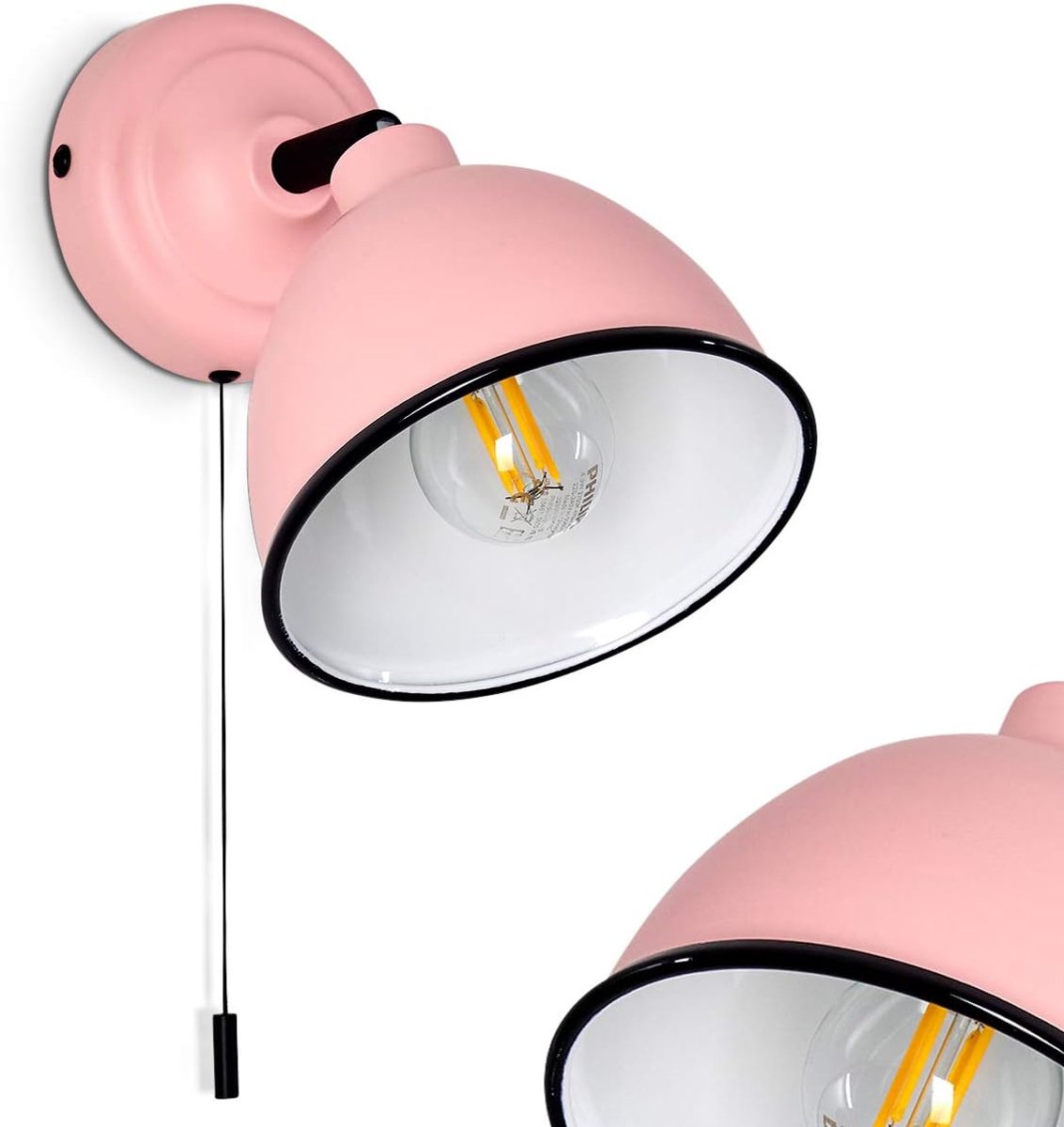 Catharine, verstelbare wandlamp van metaal in roze/wit/zwart, 1 lamp, 1 x E14 fitting, wandspot in retro-design, met trekkoord voor aan/uit schakelaar, zonder gloeilampen