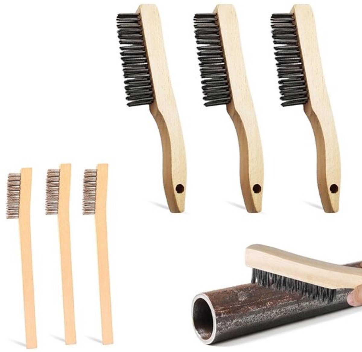 Set van 6 draadborstels voor metaal, grill en lassen - RVS- en koperborstels met houten handvat