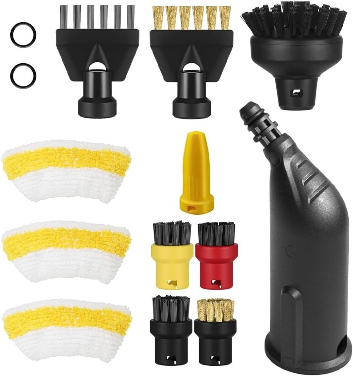 Set van 14 accessoires voor stoomreinigers, inclusief verlengnozzle, gebogen nozzle, microvezeldoek en spleetnozzle, geschikt voor diverse modellen