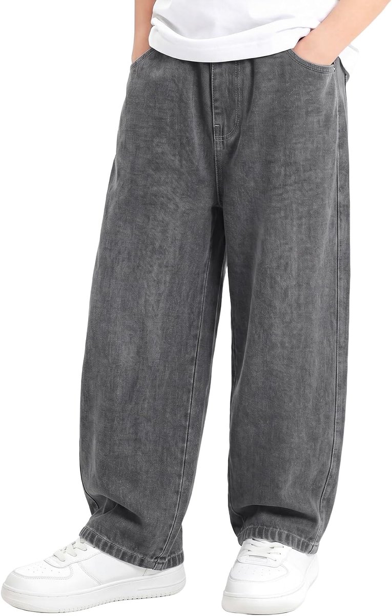Jeans Jongens Rechte Baggy Jeans Broek Loose Fit Denim met Elastische Taille Relaxed Denim Broek Casual Lichtbruin Broek Fashion Stretch Wijde Streetwear Broek voor 13-14 jaar, maat 164