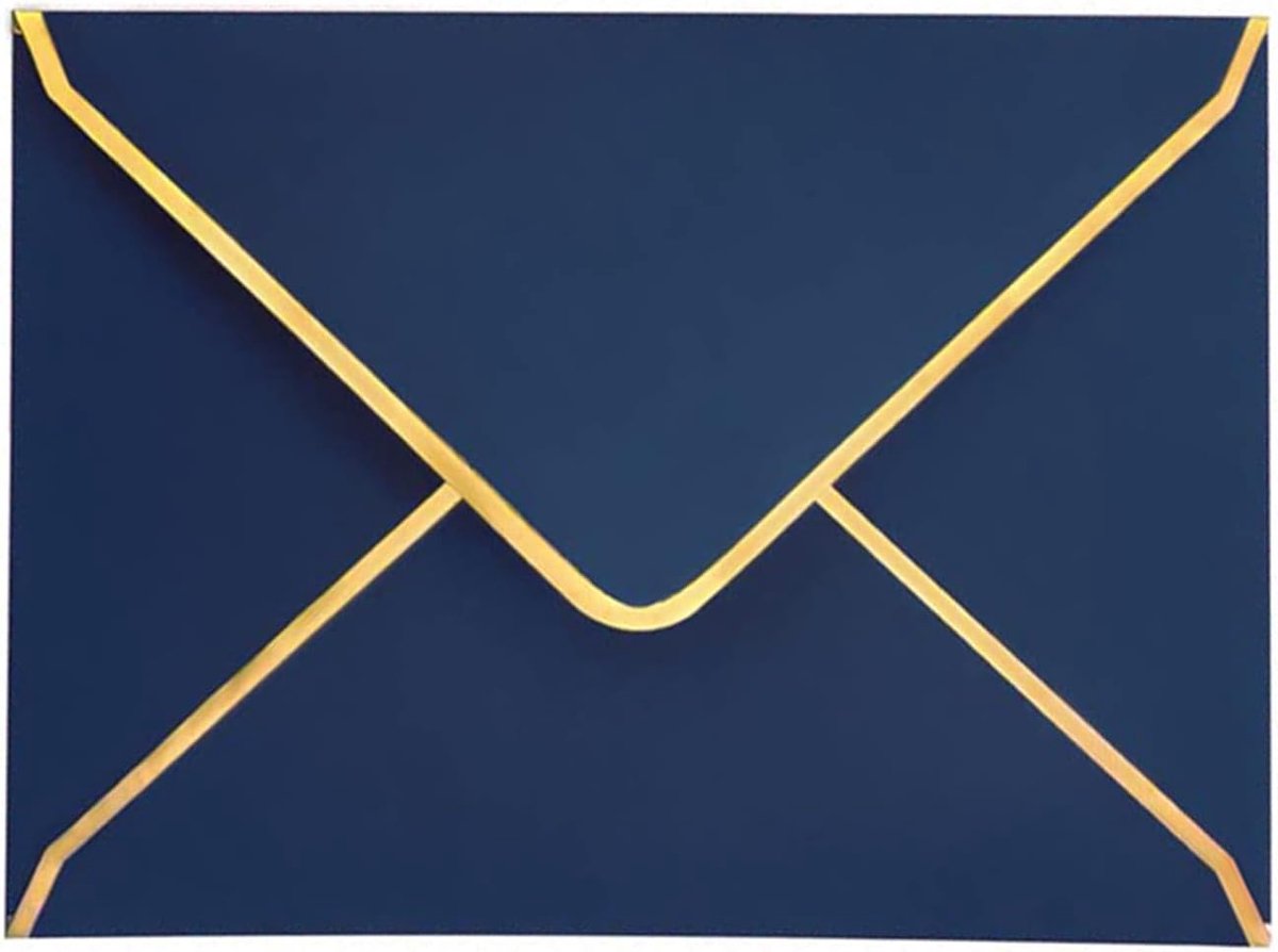 50 stuks blauwe luxe enveloppen, 18,5 x 13,5 cm, miniatuur V-flap enveloppen met goudkleurige folierand voor bruiloften, uitnodigingen, feesten, wenskaarten