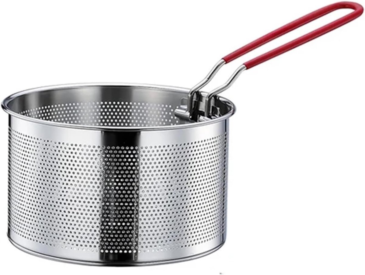 Mandje Frituurmand, roestvrijstalen noedelmand keukenzeef met handvat Pommes mandje Frituurmandje Schopschep Draad Skimmer Keuken en huishoudzeef (16 cm)